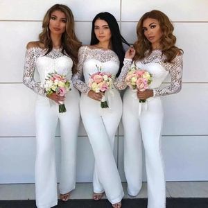 Western Country Jumpsuit Bridesmaid Dresses Lace Off Shoulder White Satin Long Sleeve Sheath Maid Of Honor Dresses Pants BC11165 219b