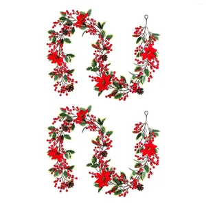 Decorative Flowers 2X 6.3FT Red Berry Christmas Garland Artificial Poinsettia With Pine Cones