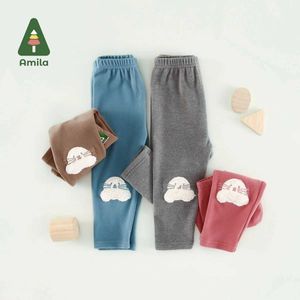 Trousers Amila Baby Girl Legging 2022 Autumn/Winter New Childrens Cute Cartoon Warm Thick Full Length Pants in Four Colors d240517