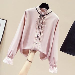 Polos femininos de manga comprida Stand Collar Lace Chiffon Blous Shirt Blusa Tops Blusa Mulheres Mujer de Moda 2024 Roupas D937