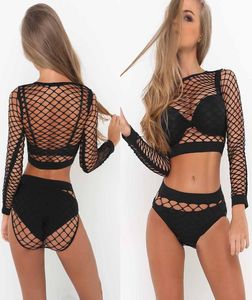 New Women Sexy Fishnet Bikini Set Black Mesh Pushup Tops Bra Hollow Bandage Bottoms Female Beachwear Swimsuit Swimwear1202554