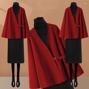 Arbetsklänningar Autumn Winter Women Knit Matching Set Lucky Red Sweater Coats Turtleneck Bottoming Dress 1 eller 2 Piece Suits 2024 Outfits