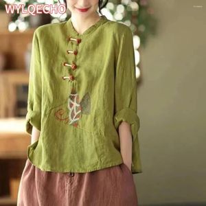 Ethnic Clothing 2024 Chinese Style Shirt Plus Size 3XL Traditional For Women Linen Embroidery Tops Female Retro Loose Hanfu Blouse