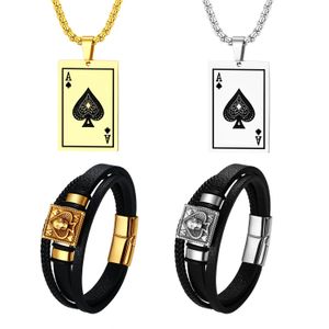 Boniskiss Mens Playing Card Poker Ace Of Spade Square Necklace Dog Tag Pendant Skull Leather Armband Rostfritt stål Male Gift 240508