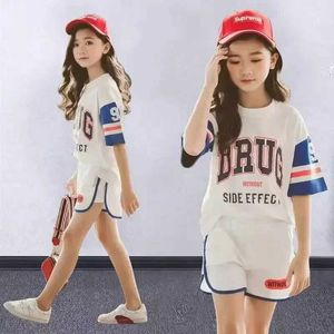 衣料品セット新しい女の子スポーツサマーファッション韓国スタイル2ピースコットンTシャツ+パンツセット4-14歳の子供服セット子供ギフト服wx