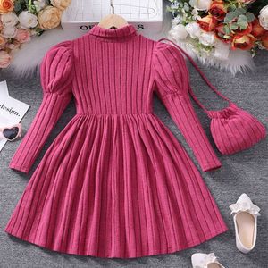 Winter Girl High Collar Sheep Leg Sleeves Knitted Pit Striped Pink Crossbody Bag Princess Birthday Party Dress L2405