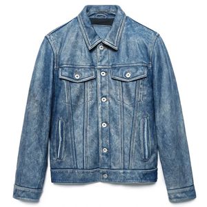Jaqueta de couro vintage azul 507 casual de couro genuíno de casaco de bombardeiro de cheiro real masculino, roupas masculinas 240513