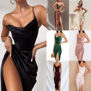 New Fashion Womens Slim Fit Temperament Sexy Suspender Slit Skirt Fashionable Sexy Slit Colored Ding Dress