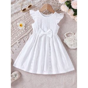 Nowy letni trend modny dziewcząt + biała łuk Mała latająca rękawowa sukienka do kolan L2405