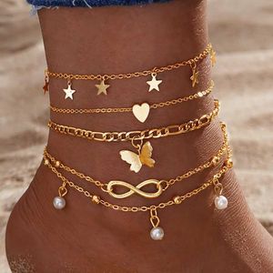 Anklets IFKM Gold Vintage Butterfly Ankle Set Suitable for Womens Multi layered Adjustable Love Ankle Bracelet d240517