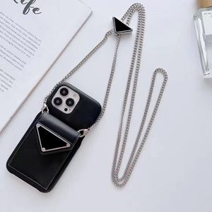 Designer Phone Case for Apple iPhone 15 Pro Max 14 Luxury Solid PU Leather Chains Crossbody Shoulder Strap Necklace Lanyard Card Pocket Holder Back Cover Coque Black