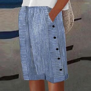 Kvinnors shorts bohemiska randiga byxor trycker knälängd med sidoknapp detalj elastisk midja för kvinnor bär dam kort