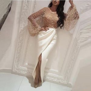 Elegant Evening Dresses with Slit Long Sleeves Pearls Saudi Arabic Dresses Women Formal Prom Evening Gowns 3088