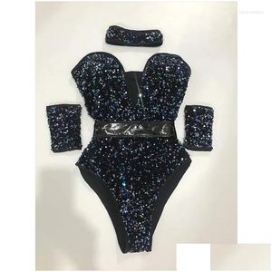 Basic Casual Dresses Pole Dancing Costume For Female Colorf Sequins Bodysuit Nightclub Singer Dancer Stage Show Dancewear Bar Rave Dhqzs
