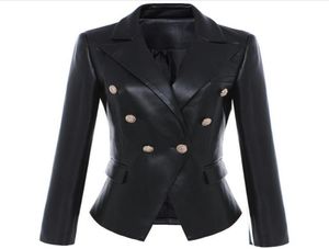 Ny stil Toppkvalitet Original Design Women039S Slim Classic Leather Blazer Jacket Metal Buckles DoubleBreasted Black Motorcyc9902570