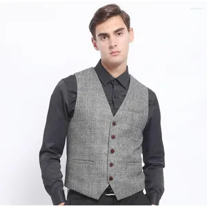 Men's Vests Suit Vest Gray V Neck Plaid Single-breasted Male Gentleman Business Waistcoat Jacket Casual Slim Fit Gilet Homme