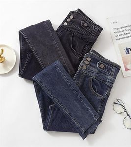 2020 Nowe chude dżinsy wysoka talia Trzy przyciski Czarne dżinsowe spodnie dla kobiety Koreańska elegancka moda Długa Jean Kobieta C11239431814