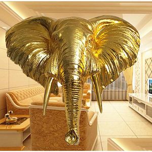 Decorative Objects & Figurines Electroplating Gold Fortune Elephant Wall Hanging Resin Animal Head Home Bar Club Soft Decoration Drop Dhayp