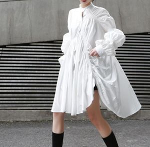 Charming Women Shirt Dress Black White Solid Lantern Sleeves Stand Neck Button Irregular A line Knee Length Fashion Lady Dresses6032767