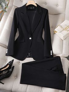 Fahsion Blazer 2 Piece Sets Women Office Ladies Outifits Single Button Turn Down Collar Slim Blazers Casual Pant Suits