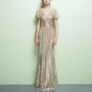 Party Dresses Banquet Gold Sequins Elegant Wedding Vestidos Slim Waist Prom V-neck Temperament Evening Dress