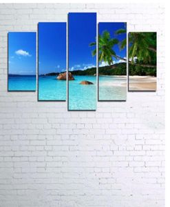 Estrutura de sala de estar de decoração de arte de parede 5 peças Palmeiras de água do mar Pinturas modulares de paisagem do sol
