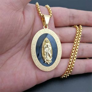 Jungfrau Maria Anhänger Halskette 14K Gold Männer Christliche Schmuck Lady von Guadalupe Wunderhafte ovale Medaille Halskette