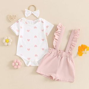 Summer Newborn Set Baby Girl Outfits Heart Print Short Sleeve Romper Ruffles Suspender Shorts Headband 3pcs Clothes L2405