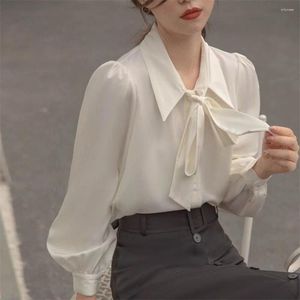 Women's Blouses Spring Autumn White Office Chiffon Shirts Women 2024 Elegant Lace Up Bow Blouse Ladies Turn Down Collar Loose Shirt Tops