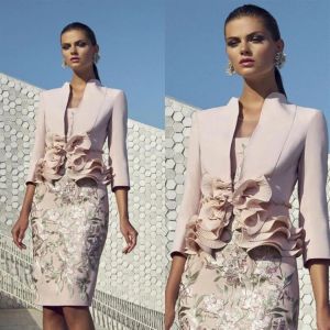 Suits Carla Ruiz Chic Mother Of Bride Suits Dresses With Jacket Appliqued Knee Length Wedding Guest Dress for Mother 3 4 Long Sleeve Gow