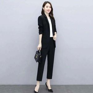 2 Pcs/Set Lady Clothes Turn-down Collar Long Sleeve Women Business Suit Loose Formal OL Commute Jacket Trousers Set