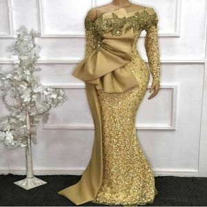 Elegante afrikanische Abendkleider 2023 Langarmes Pailletten Meerjungfrau Formal Kleid ASO EBI GOLD Perlen Spitzen Applikationen Promkleider Robe de S 303c