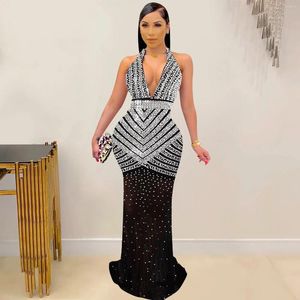 Casual Dresses Sexig grimma V Neck Backless Long Party Dress Women Patchwork Mesh Rhinestone BodyCon Summer Maxi Sundress Clubwear