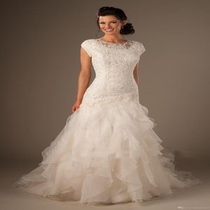 MODESTER MERMAID Abiti da sposa con maniche gioiello Appliques in pizzo in rilievo Crafole Organzatemple Abiti da sposa