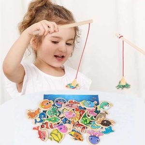 Other Toys Wooden magnetic fishing game cartoon ocean life cognition fish rod toy early childhood education parent interaction
