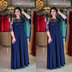 Plus Size Navy Blue A-Line Lace Mother of Bride Groom Dress Juvel Neck Chiffon Golvlängd 1 2 Sleeve Formal Dress Evening Gowns Custo 280Z