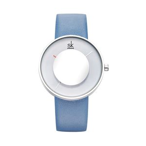 SHENGKE Quartz Movement Ladies Wristwatch Women Quartz Watches Leather Strap Creative Mirror Glass Analog Dial Pink Blue Watchband 255m