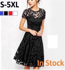 S5XL Women Elegant Sweet Hallow Out Lace Dress Sexy Party Princess Slim Summer Dresses Vestidos Red Blue S5XL Plus Size DK536BK1216140