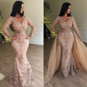 Sparkly Mermaid 2019 Lace Evening Dresses Long Sleeve V neck Lace Prom Dress With Detachable Train Formal Party Gowns 190Z