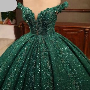 Платья черновато -зеленые блестящие цветочные девочки Quinceanera платья с плеча блестящие бусины для мяча платья сладкие 16 -летние платья принцессы на 15 лет