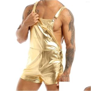 Mens Shorts Shiny Metallic Bib Totalt Suspender Justerbara breda skällband Fancy Dress Festival Prom Clubwear Costumes Drop Deli Dhe3u