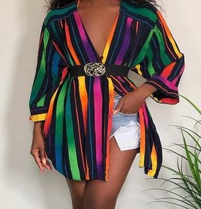 レディースデザイナーシャツドレスファッションレインボーカラーストライプの印刷夏のドレス長袖プラスサイズの女性服