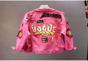 Rote gelbe Jeansjacke Neue Frühling Herbst Frauen039s Graffiti Alphabet Druckspitze Bogenstift Loch Denim Jacke Grundlagen C1387448