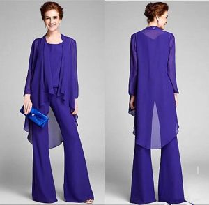 Suits Elegant Chiffon Mother Of The Bride Pant Suits with Jacket Three Pieces Ruched Bridal wedding Guest Party Gowns Mother's Dresses B