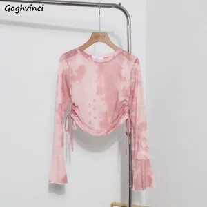 Women's T Shirts Tie Dye T-shirts Women Spring O-Neck Sequins Mesh Shirring Design Slim All-Match Chic Lace-Up Thin Long Flare Sleeve