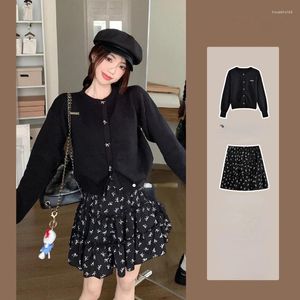 Work Dresses Sweet And Spicy Wind Knitted Top Cardigan Set Female High Waisted Floral Half-body Skirt Long-sleeved Jacket Two-piece