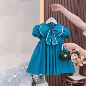 Sukienki dziewczynki dziewczynka lato niebieskie urocze zaciąganie rękawów elegancka sukienka księżniczka z kwiatowym dziobem urodzinowe ubranie 1-6 lat wx