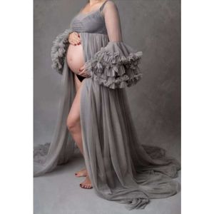 Rose Langes Fotokleid Schwangerschaft schmutziger rosa Tüll Mutterschaftsfotos Shooting mit Zug mit Zug