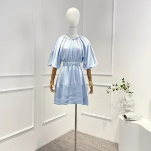 Party Dresses Top Quality Collection Sky Blue White Black Elastic midja Skuren ut halvlykta ärm elegant miniklänning för kvinnor