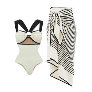 Moda Color Block One Piece Swimsuit e Kimono Mulheres roupas de férias de luxo de biquíni Sexy Swimwear Suit de banheira 240517